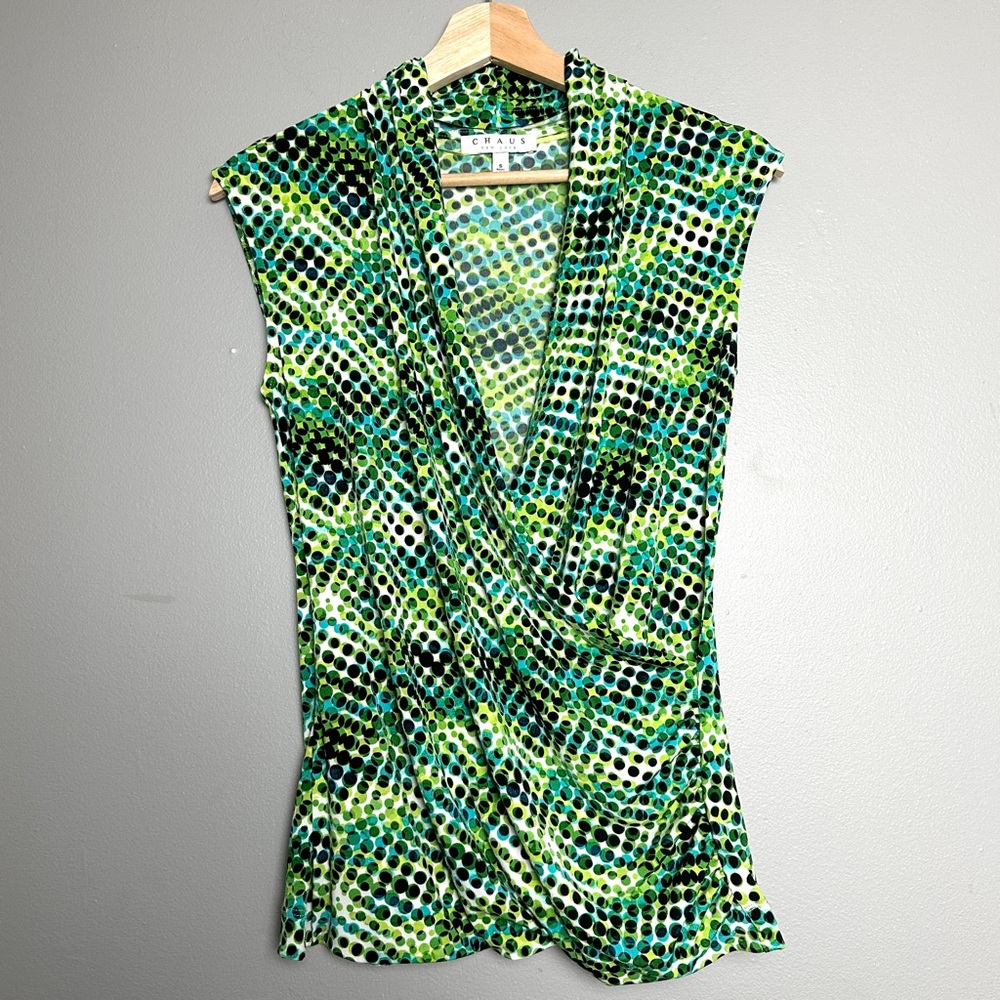 Chaus Vibrant Green and Black Abstract Patterned Sleeveless Blouse Size Small